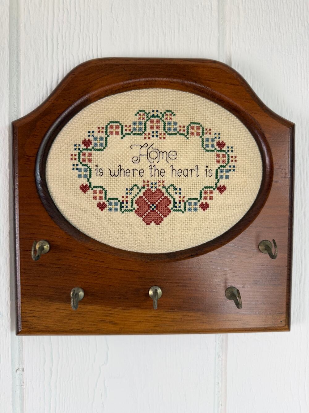 Vintage Cross Stitch Key Holder Wood Wall Rack Home Is Where the Heart Is